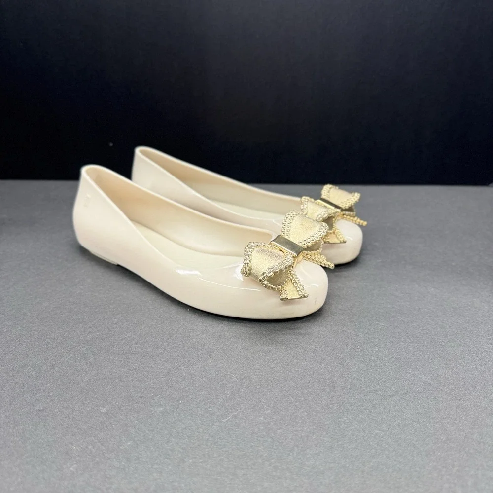 Mini Melissa Girls Mary Jane Jelly Shoes Cream Beige Glitter Bow Size 3